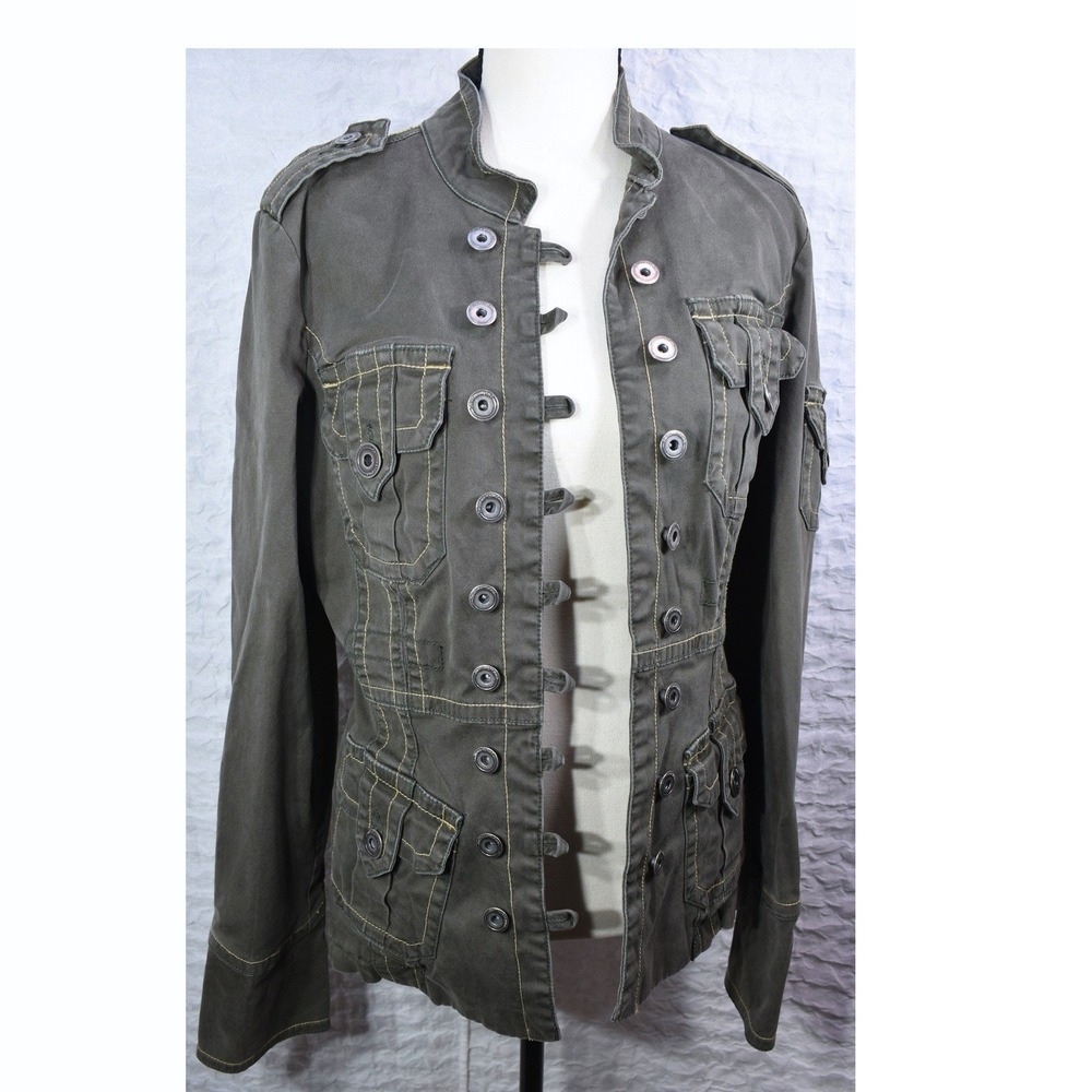 Twill Twenty Two Military Utility Jacket Olive Green Mandarin Collar Womens M